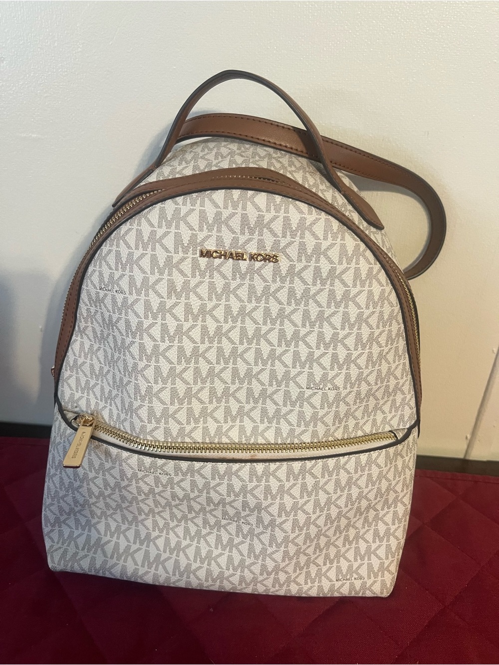 Michael Kors Cream MK Logo Backpack with Brown Trim